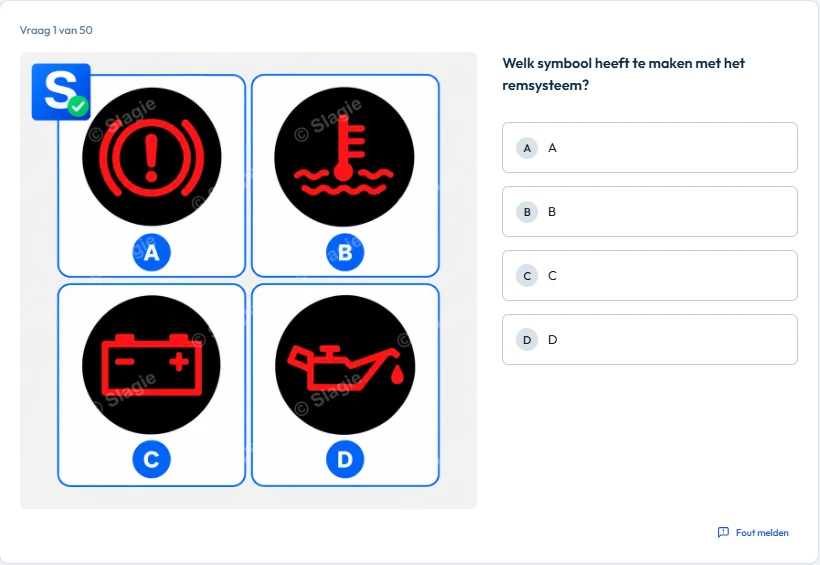 Een vraag in de examensimulatie van Slagie: vier dashboardsymbolen met de antwoorden A tot en met D