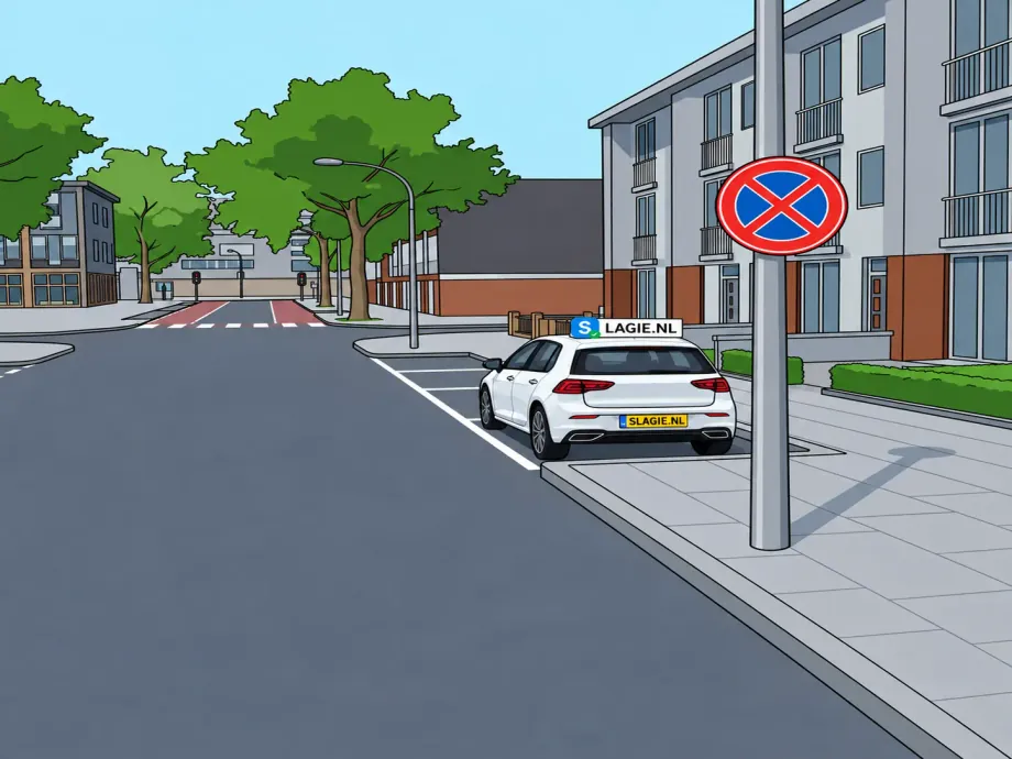 Straat met bord E2 (stilstaanverbod) en parkeervakken langs de rijbaan