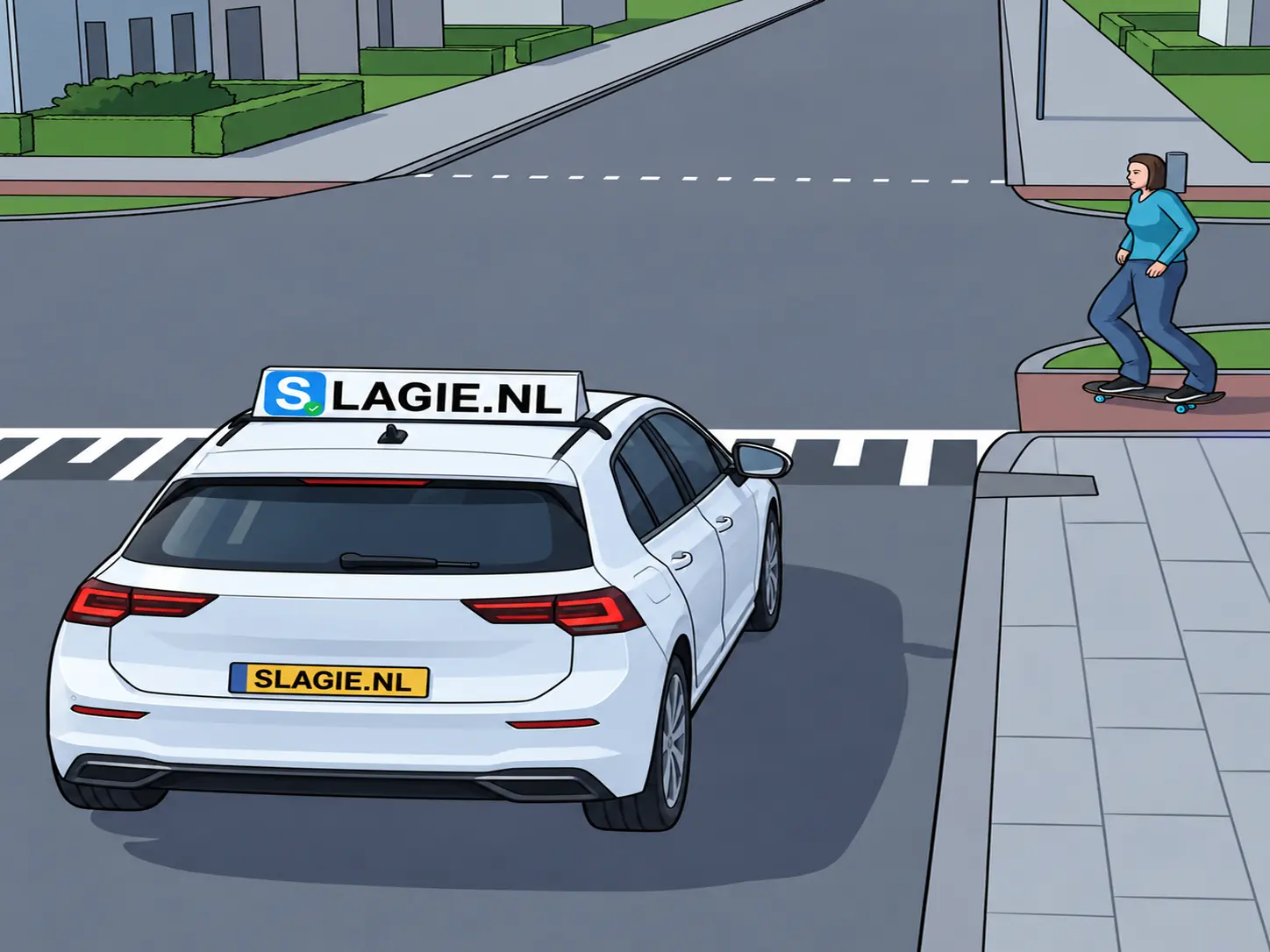 Kruispunt met een vrouw op skeelers op het trottoir
