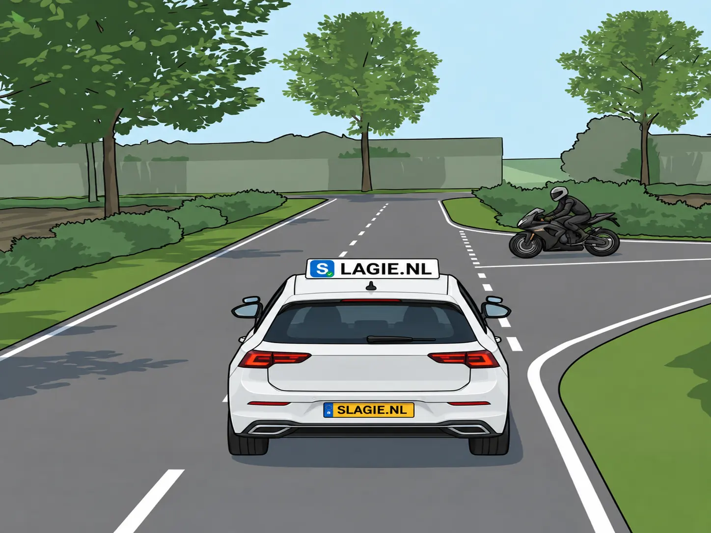 Gelijkwaardig kruispunt in bovenaanzicht met een motor die van rechts komt