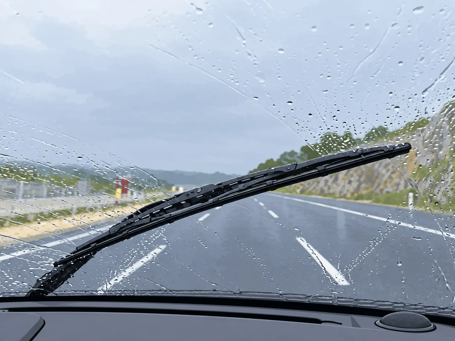 Zicht door de voorruit bij harde regen, ruitenwisser in beeld