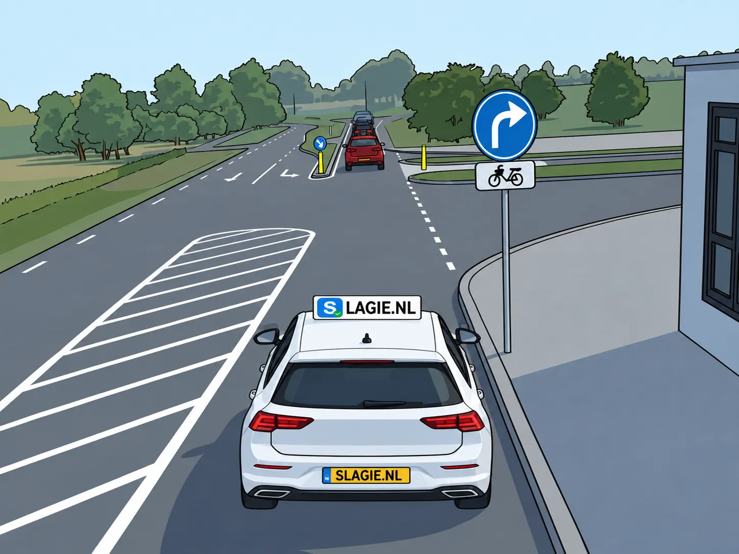 Bord verplichte rijrichting rechtsaf met onderbord voor bromfietsers