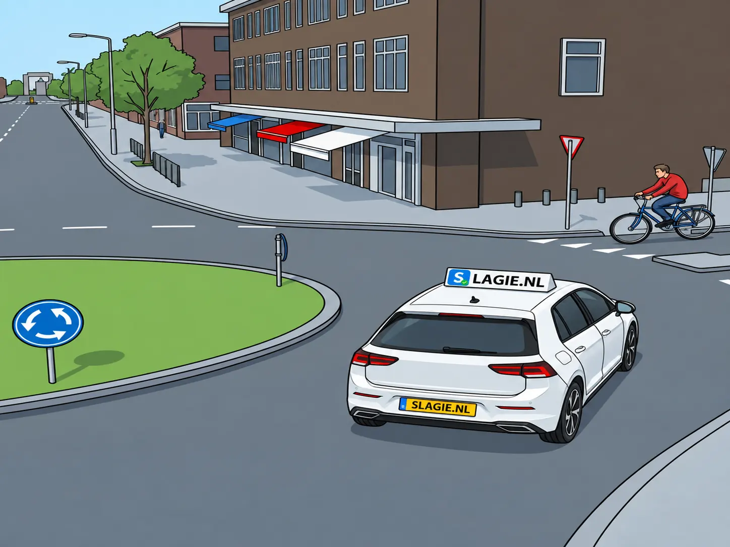 Rotonde, fietser buiten de rotonde bij haaientanden