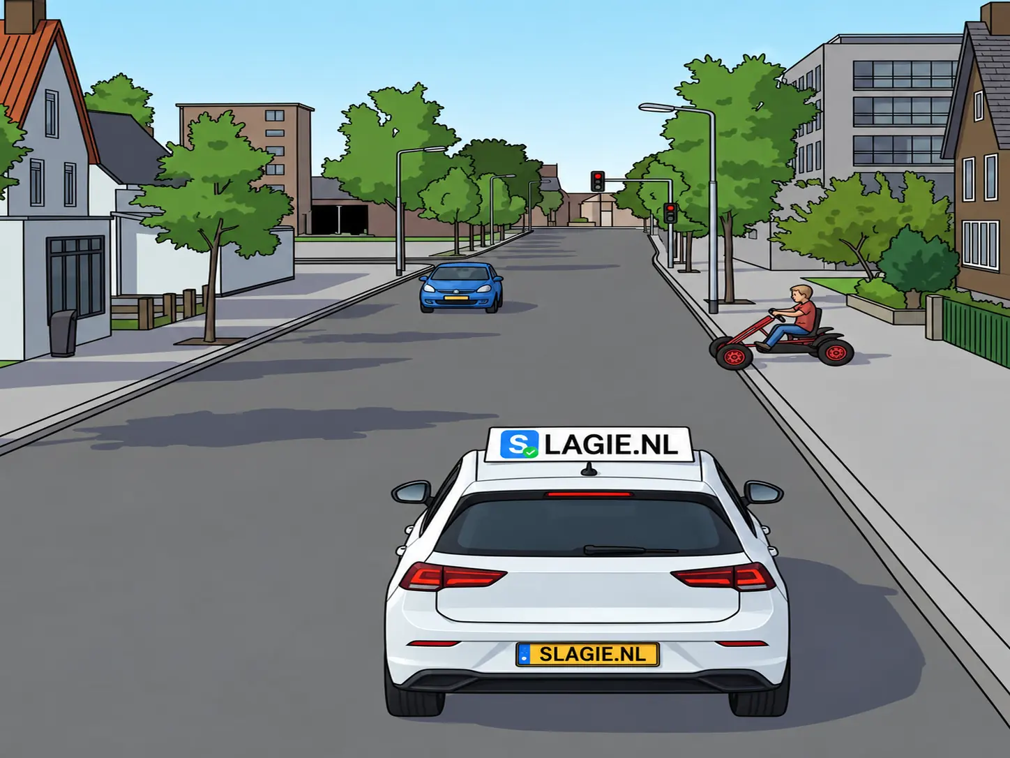 Straat in de bebouwde kom; een kind in een skelter rijdt rechts vanaf de stoep de rijbaan op, voor de lesauto uit