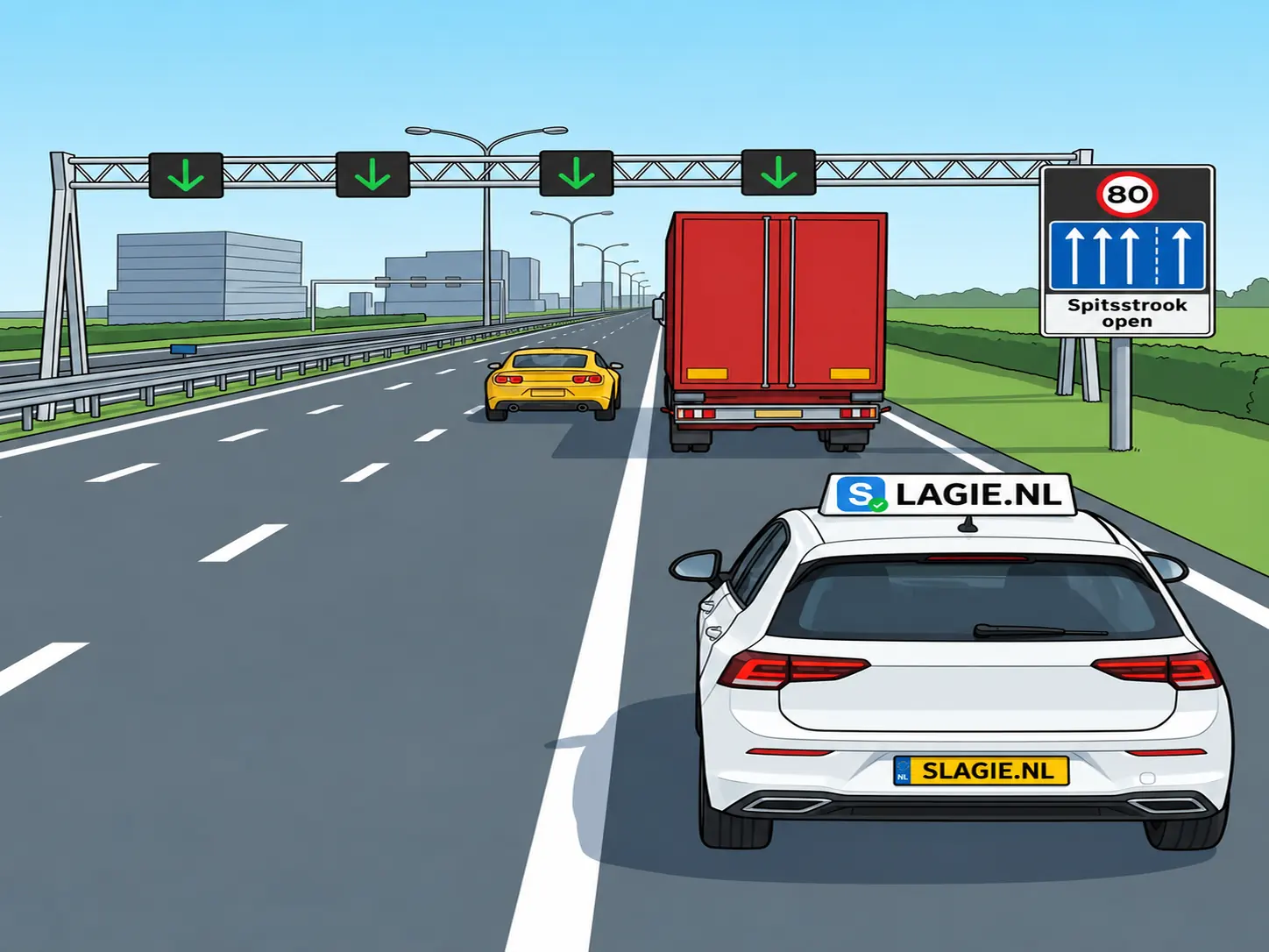Autosnelweg met geopende spitsstrook (groene pijlen), vrachtauto voor je