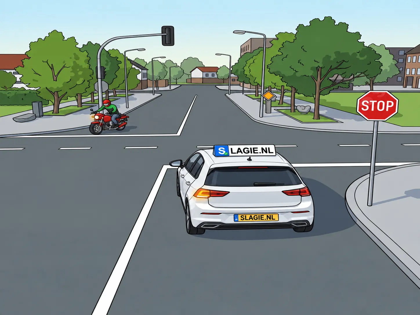 Kruispunt waar je linksaf slaat en een tegemoetkomende motor rechtsaf slaat