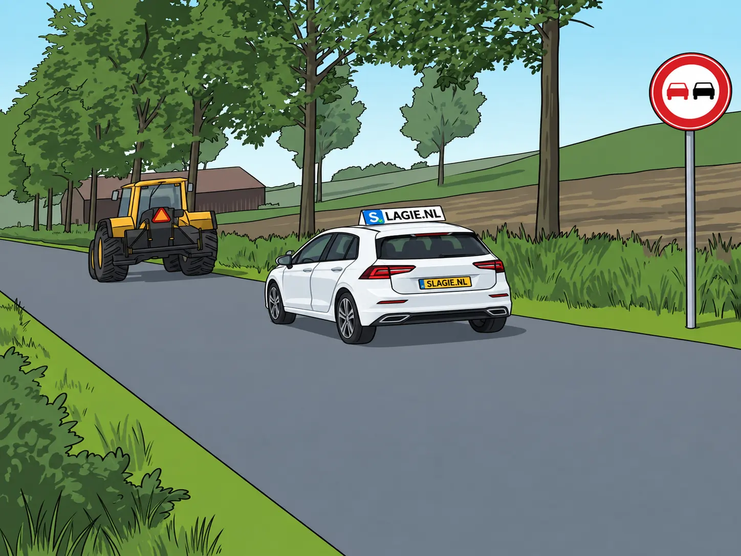 Buitenweg met inhaalverbodsbord, trekker voor je
