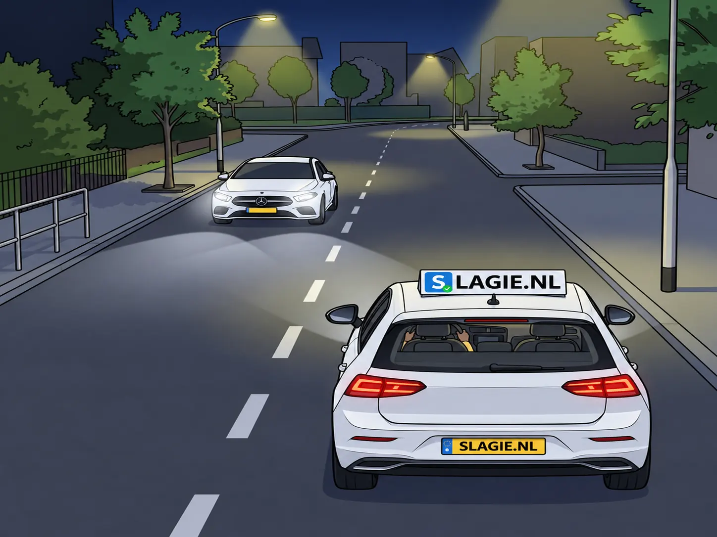 Weg in het donker met tegemoetkomende auto